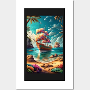 SAILING BOAT IN BEACH  Painting canva Posters and Art